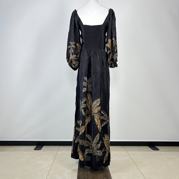 NWOT Farm Rio Maxi Dress Size M Black Print Puff Sleeves Plant Short Sleeve - Picture 9 of 14